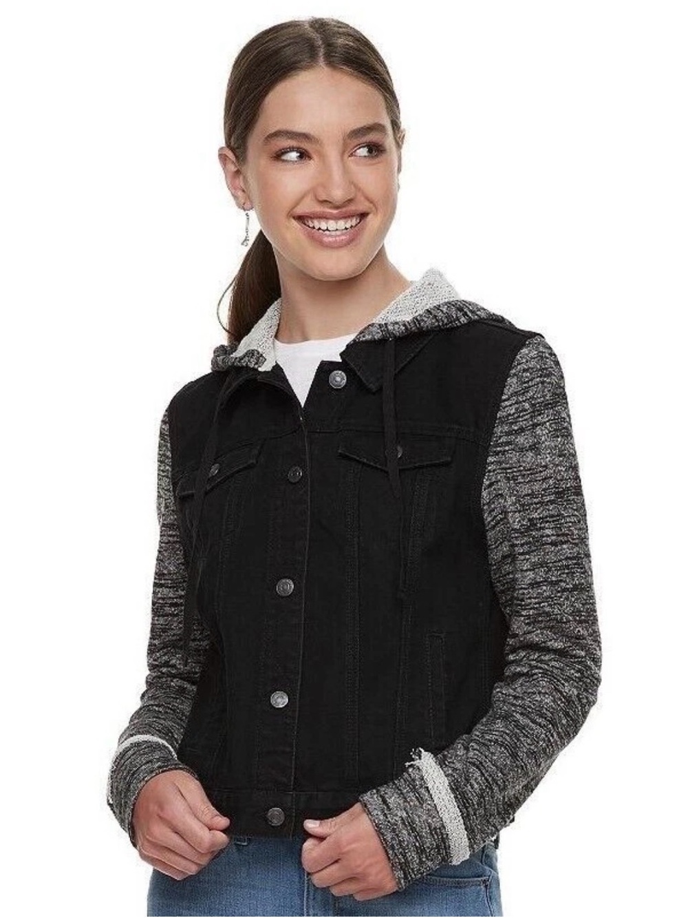 MUDD Hooded Denim Jean Jacket Juniors Women Sz L Knit Sleeves Grunge Y2K